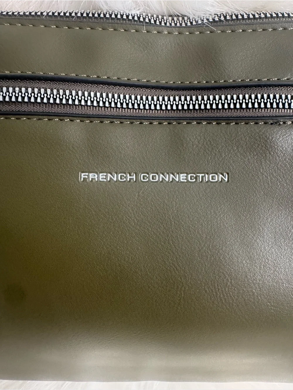 French Connection Olive and Taupe Patchwork Crossbody with Tassel